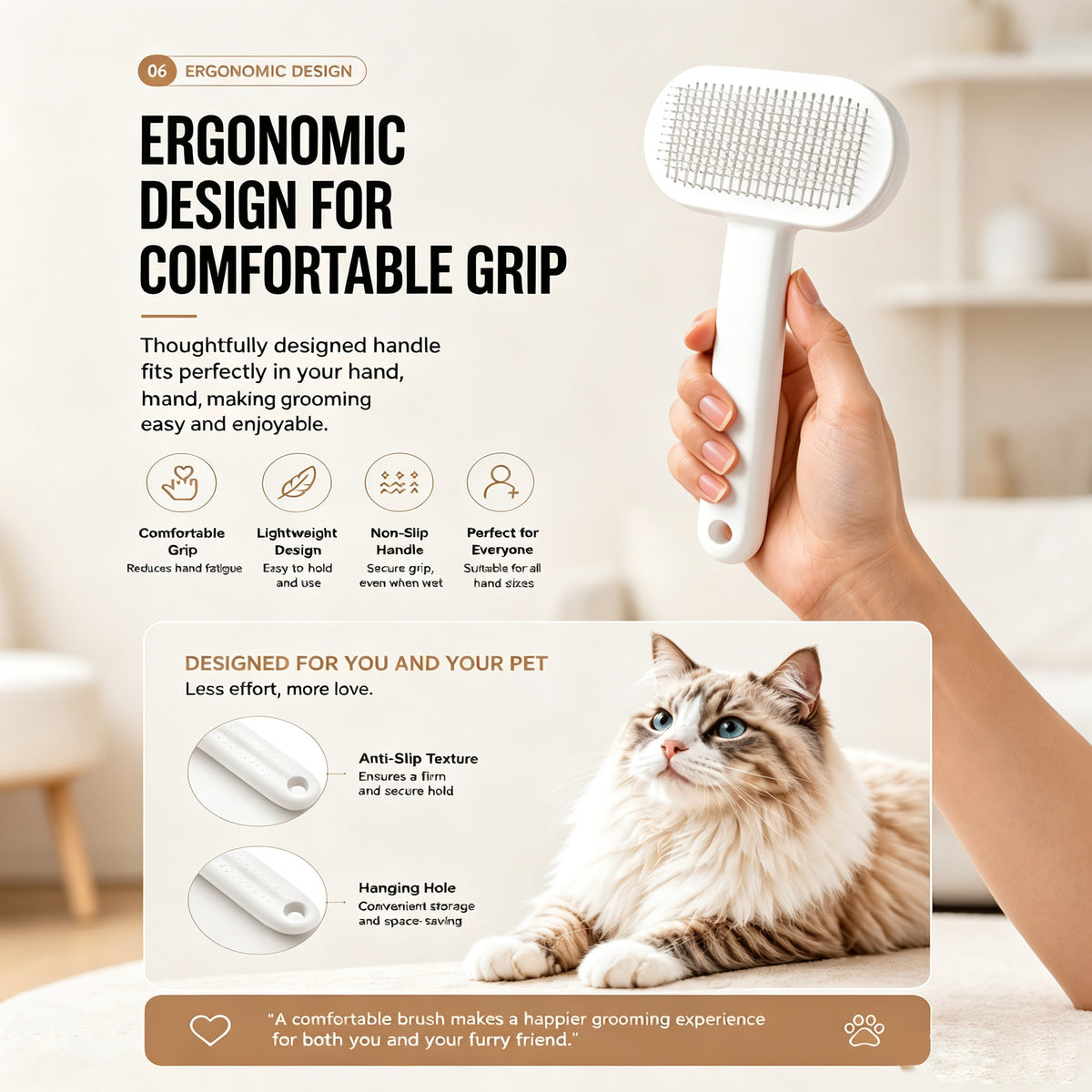 Cat grooming brush for loose fur and tangles