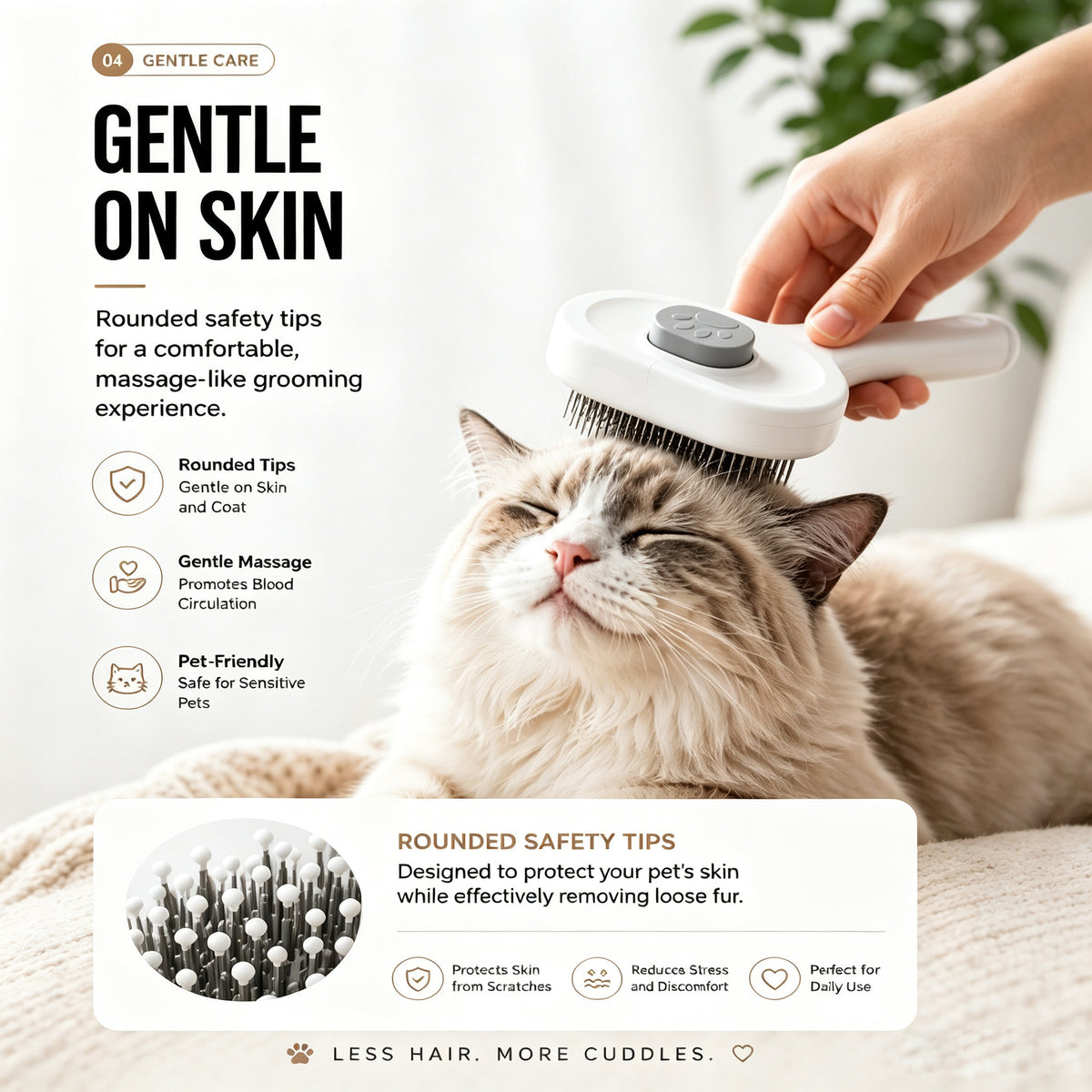 Self-cleaning pet brush with rounded stainless pins
