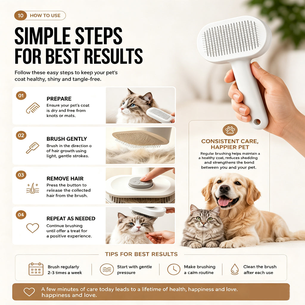 Self-cleaning slicker brush size and features